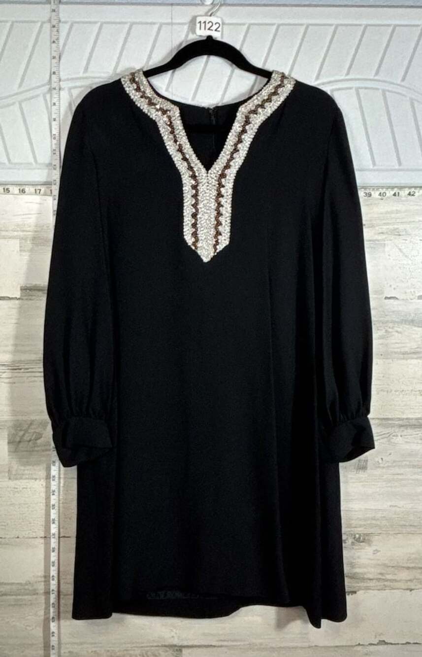 Hand made , Black Long Sleeve Dress Beaded Neckline